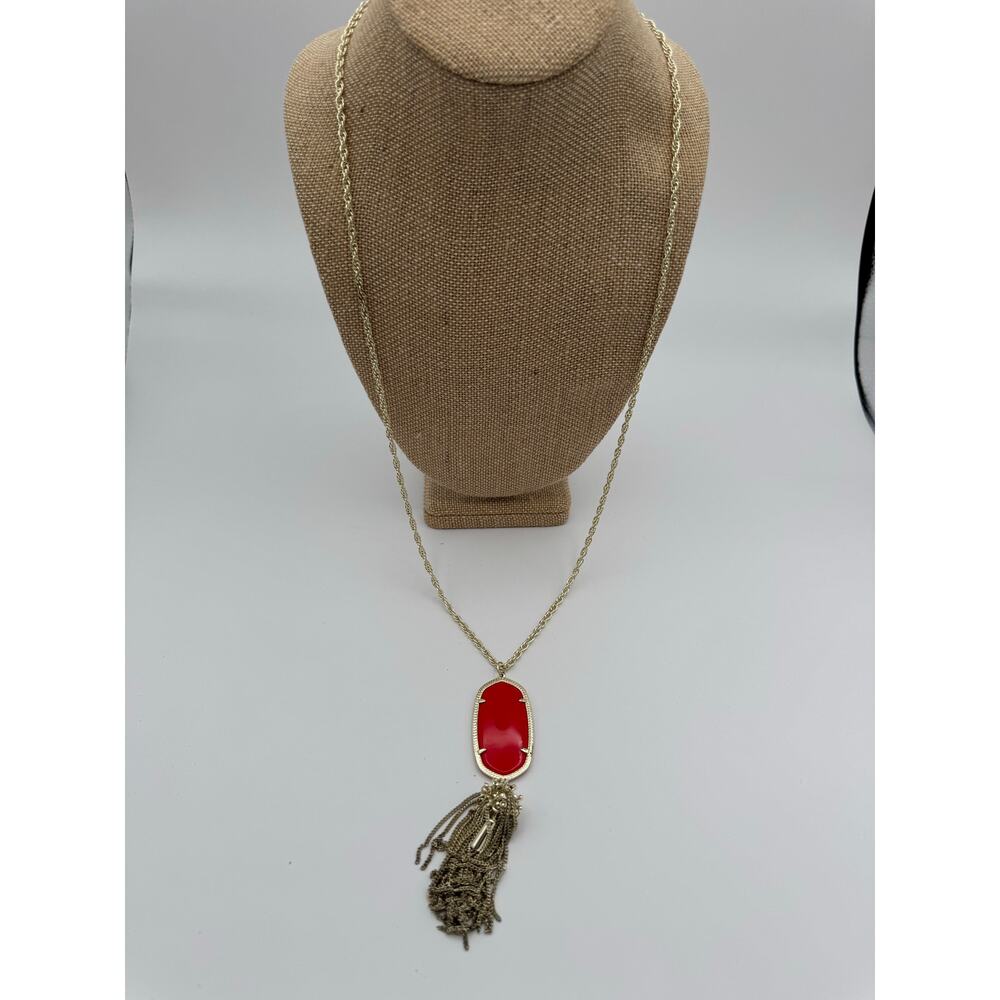 Kendra Scott Rayne Necklace Bright Red Stone w/Gold Tone Tassel Pendant